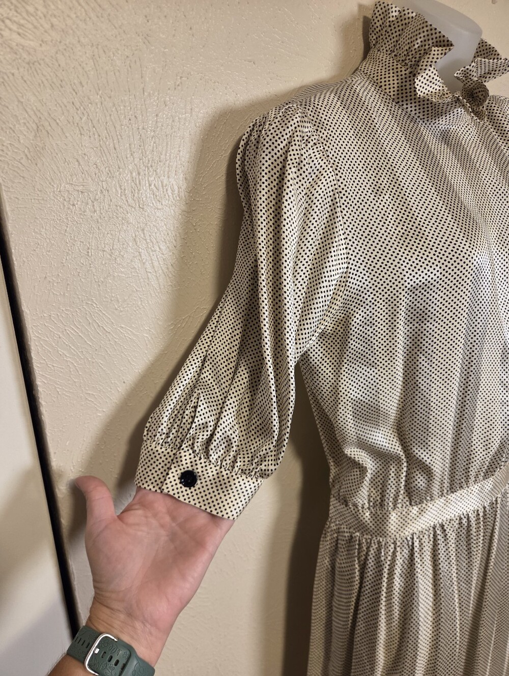 Vintage Albert Nipon Silk Polka Dot Feminine Secretary Dress Ruffle High Neck 10 - Picture 5 of 14